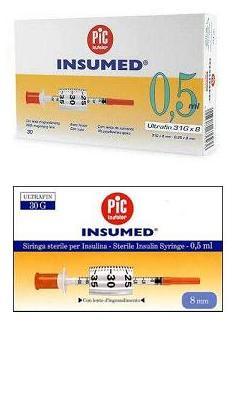 SIRINGA PER INSULINA PIC INSUMED 0,5 ML 100 UI AGO GAUGE 30 LUNGHEZZA 8 MM SENZA SPAZIO MORTO 3 SACCHETTI DA 10 PEZZI - UniversoFarmacie.it