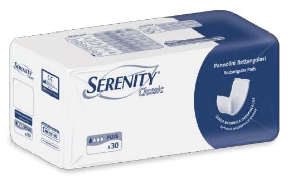 PANNOLONE PER INCONTINENZA RETTANGOLARE SENZA BARRIERA IMPERMEABILE SERENITY CLASSIC 30 PEZZI - UniversoFarmacie.it