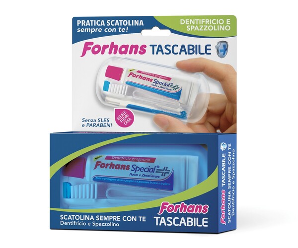 FORHANS TRAVEL KIT TASCABILE COMPOSTO DA SPAZZOLINO DA VIAGGIO + FORHANS SPECIAL PASTA DENTIFRICIA TUBETTO 12,5 ML - UniversoFarmacie.it