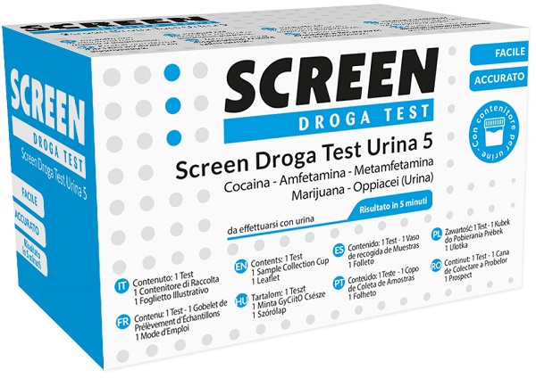 SCREEN DROGA TEST 5 DROGHE TEST ANTIDROGA CON CONTENITORE URINA - UniversoFarmacie.it