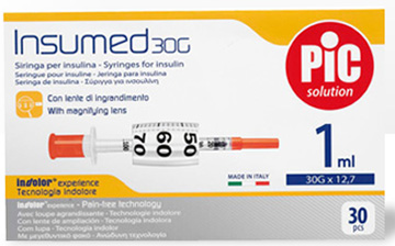 SIRINGA INSULINA PIC INSUMED 1 ML 100 UI AGO GAUGE 30 12,7 MM SENZA SPAZIO MORTO 30 PEZZI - UniversoFarmacie.it