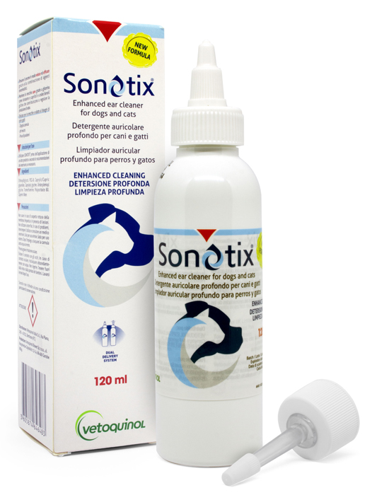 SONOTIX DETERGENTE AURICOLARE PROFONDO CANI E GATTI 120 ML + CANNULA CORTA RIGIDA + CANNULA LUNGA FLESSIBILE - UniversoFarmacie.it