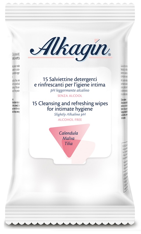 ALKAGIN SALVIETTINE DETERGENTI E RINFRESCANTI PER L'IGIENE INTIMA PH LEGGERMENTE ALCALINO SENZA ALCOOL 15 PEZZI CALENDULA MALVA E TILIA - UniversoFarmacie.it