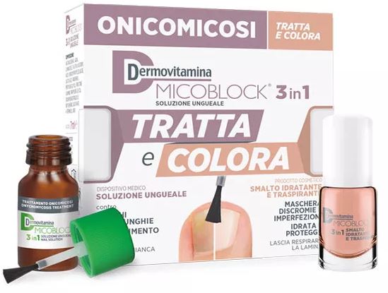 DERMOVITAMINA MICOBLOCK 3 IN 1 TRATTA E COLORA SOLUZIONE UNGUEALE 7 ML + SMALTO IDRATANTE TRASPIRANTE 5 ML - UniversoFarmacie.it