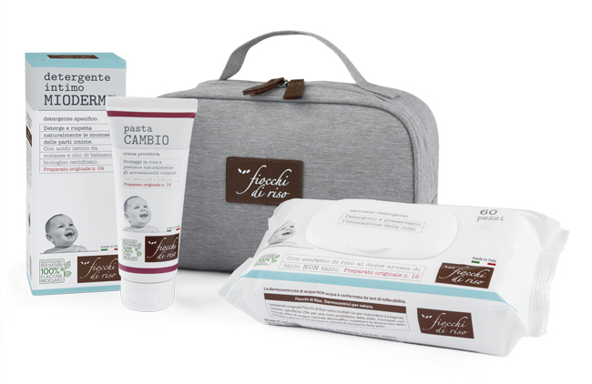 FIOCCHI DI RISO COFANETTO CAMBIO PANNOLINO 1 DETERGENTE INTIMO MIODERM 240 ML + 1 PASTA CAMBIO 100 ML + SALVIETTE ACQUA NON ACQUA 60 PEZZI + BEAUTY - UniversoFarmacie.it