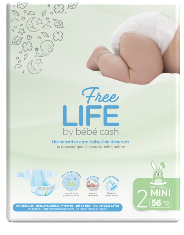 FREELIFE BY BEBECASH PANNOLINI MINI TAGLIA 2 3-6 KG GIROVITA 30-48 CM 56 PEZZI - UniversoFarmacie.it