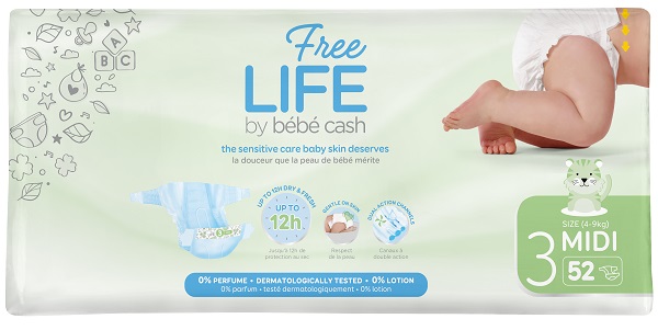 FREELIFE BY BEBECASH PANNOLINI MIDI TAGLIA 3 4-9 KG GIROVITA 35-56 CM 52 PEZZI - UniversoFarmacie.it