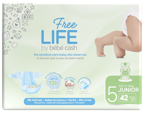 FREELIFE BY BEBECASH PANNOLINI JUNIOR TAGLIA 5 11-25 KG GIROVITA 41-62 CM 42 PEZZI - UniversoFarmacie.it