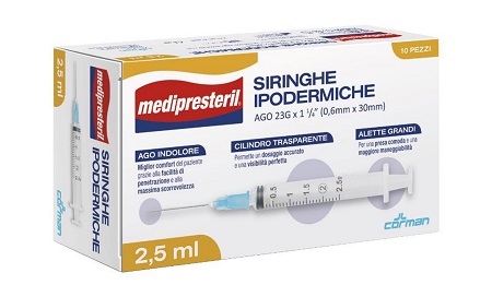 SIRINGA IPODERMICA MEDIPRESTERIL AGO 23 GAUGE 1 1/4 0,6X30MM 2,5 ML 10 PEZZI - UniversoFarmacie.it