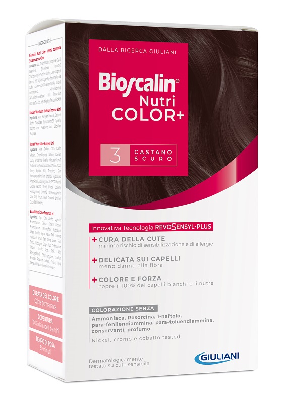 BIOSCALIN NUTRICOLOR PLUS 3 CASTANO SCURO CREMA COLORANTE 40 ML + RIVELATORE CREMA 60 ML + SHAMPOO 12 ML + TRATTAMENTO FINALE BALSAMO 12 ML - UniversoFarmacie.it