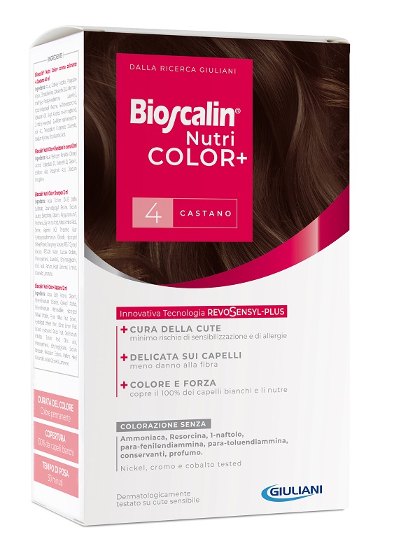 BIOSCALIN NUTRICOLOR PLUS 4 CASTANO CREMA COLORANTE 40 ML + RIVELATORE CREMA 60 ML + SHAMPOO 12 ML + TRATTAMENTO FINALE BALSAMO 12 ML - UniversoFarmacie.it