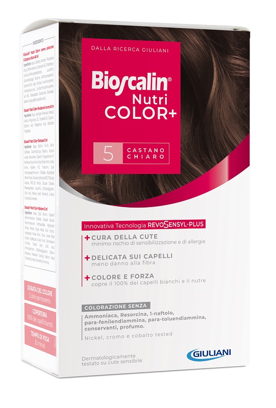 BIOSCALIN NUTRICOLOR PLUS 5 CASTANO CHIARO CREMA COLORANTE 40 ML + RIVELATORE CREMA 60 ML + SHAMPOO 12 ML + TRATTAMENTO FINALE BALSAMO 12 ML - UniversoFarmacie.it
