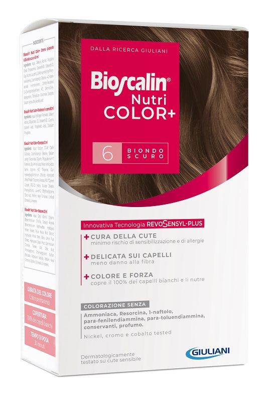 BIOSCALIN NUTRICOLOR PLUS 6 BIONDO SCURO CREMA COLORANTE 40 ML + RIVELATORE CREMA 60 ML + SHAMPOO 12 ML + TRATTAMENTO FINALE BALSAMO 12 ML - UniversoFarmacie.it