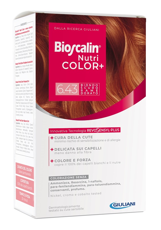 BIOSCALIN NUTRICOLOR PLUS 6,43 BIONDO SCURO RAME DORATO CREMA COLORANTE 40 ML + RIVELATORE CREMA 60 ML + SHAMPOO 12 ML + TRATTAMENTO FINALE BALSAMO 12 ML - UniversoFarmacie.it