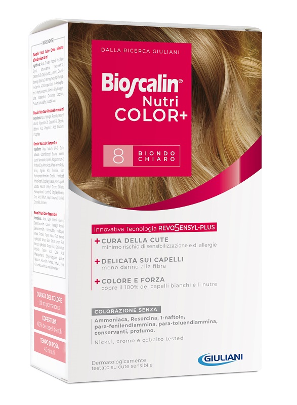BIOSCALIN NUTRICOLOR PLUS 8 BIONDO CHIARO CREMA COLORANTE 40 ML + RIVELATORE CREMA 60 ML + SHAMPOO 12 ML + TRATTAMENTO FINALE BALSAMO 12 ML - UniversoFarmacie.it