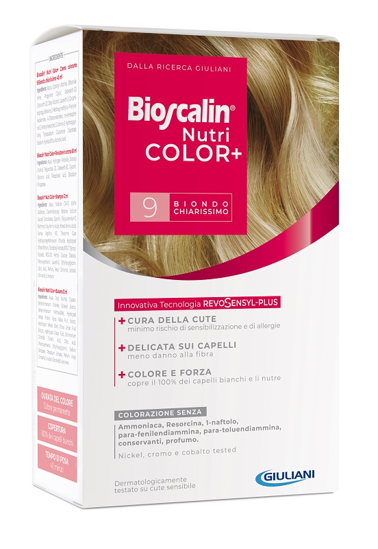 BIOSCALIN NUTRICOLOR PLUS 9 BIONDO CHIARISSIMO CREMA COLORANTE 40 ML + RIVELATORE CREMA 60 ML + SHAMPOO 12 ML + TRATTAMENTO FINALE BALSAMO 12 ML - UniversoFarmacie.it