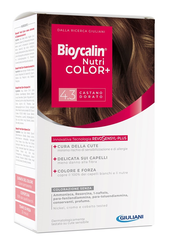 BIOSCALIN NUTRICOLOR PLUS 4,3 CASTANO DORATO CREMA COLORANTE 40 ML + RIVELATORE CREMA 60 ML + SHAMPOO 12 ML + TRATTAMENTO FINALE BALSAMO 12 ML - UniversoFarmacie.it