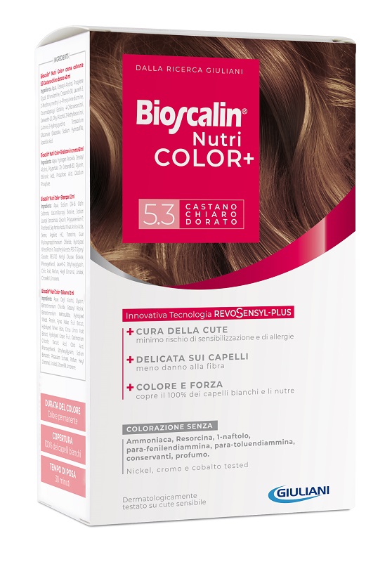 BIOSCALIN NUTRICOLOR PLUS 5,3 CASTANO CHIARO DORATO CREMA COLORANTE 40 ML + RIVELATORE CREMA 60 ML + SHAMPOO 12 ML + TRATTAMENTO FINALE BALSAMO 12 ML - UniversoFarmacie.it