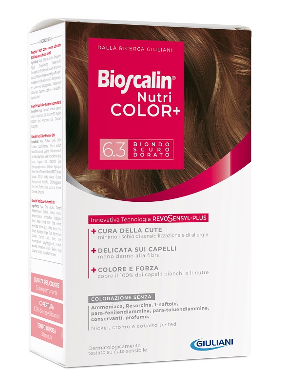 BIOSCALIN NUTRICOLOR PLUS 6,3 BIONDO SCURO DORATO CREMA COLORANTE 40 ML + RIVELATORE CREMA 60 ML + SHAMPOO 12 ML + TRATTAMENTO FINALE BALSAMO 12 ML - UniversoFarmacie.it