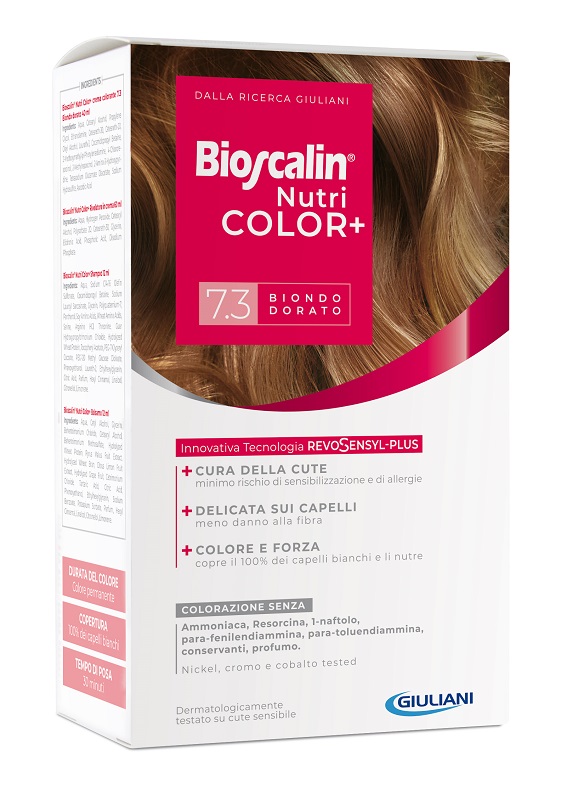 BIOSCALIN NUTRICOLOR PLUS 7,3 BIONDO DORATO CREMA COLORANTE 40 ML + RIVELATORE CREMA 60 ML + SHAMPOO 12 ML + TRATTAMENTO FINALE BALSAMO 12 ML - UniversoFarmacie.it