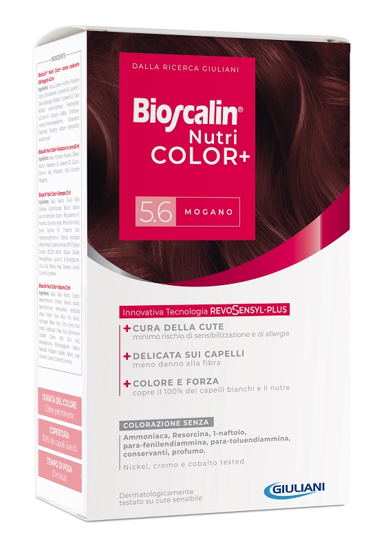 BIOSCALIN NUTRICOLOR PLUS 5,6 MOGANO CREMA COLORANTE 40 ML + RIVELATORE CREMA 60 ML + SHAMPOO 12 ML + TRATTAMENTO FINALE BALSAMO 12 ML - UniversoFarmacie.it