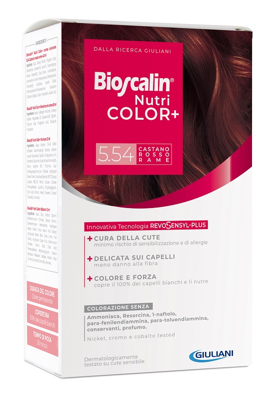 BIOSCALIN NUTRICOLOR PLUS 5,54 CASTANO ROSSO RAME CREMA COLORANTE 40 ML + RIVELATORE CREMA 60 ML + SHAMPOO 12 ML + TRATTAMENTO FINALE BALSAMO 12 ML - UniversoFarmacie.it