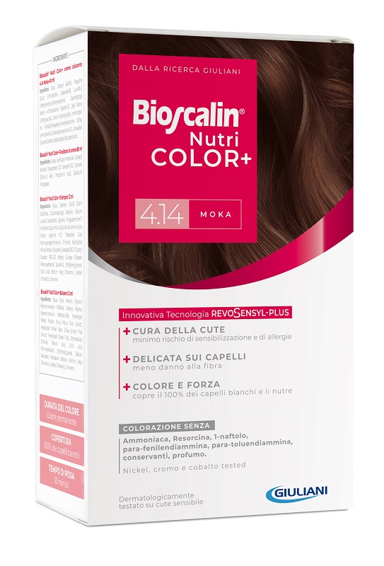 BIOSCALIN NUTRICOLOR PLUS 4,14 MOKA CREMA COLORANTE 40 ML + RIVELATORE CREMA 60 ML + SHAMPOO 12 ML + TRATTAMENTO FINALE BALSAMO 12 ML - UniversoFarmacie.it