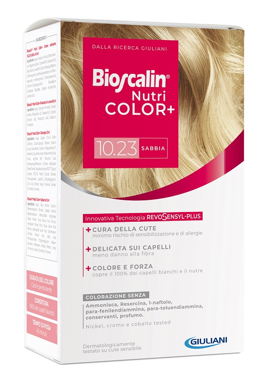 BIOSCALIN NUTRICOLOR PLUS 10,23 SABBIA CREMA COLORANTE 40 ML + RIVELATORE CREMA 60 ML + SHAMPOO 12 ML + TRATTAMENTO FINALE BALSAMO 12 ML - UniversoFarmacie.it